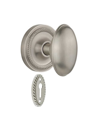 Rope Rosette Mortise-Lock Set with Homestead Knobs in Satin Nickel.